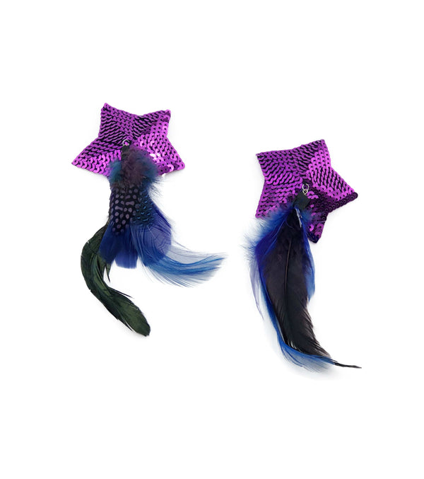 Purple Star Sequined and Feathered Nipple Pasties - TFA